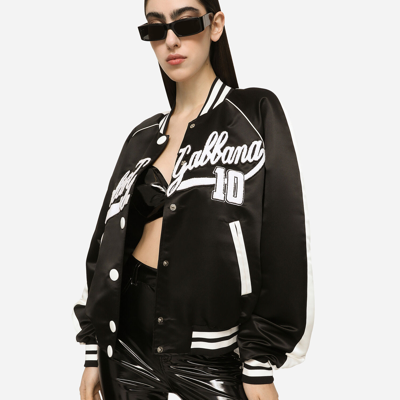 Shop Dolce & Gabbana Satin Varsity Bomber Jacket With Dolce&gabbana Embroidery In Black