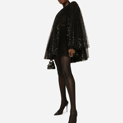 Dolce & Gabbana Pleated Short Dress With Wide Sleeves In Sequins In Black