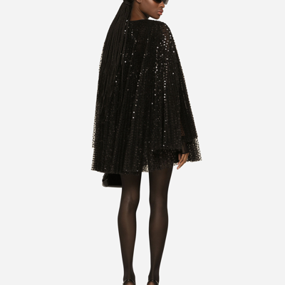 Shop Dolce & Gabbana Short Pleated Dress With Full Sequined Sleeves In Black