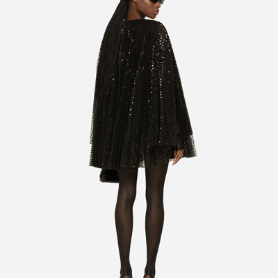 Dolce & Gabbana Pleated Short Dress With Wide Sleeves In Sequins In Black