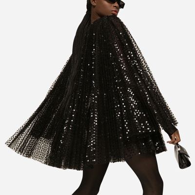 Dolce & Gabbana Pleated Short Dress With Wide Sleeves In Sequins In Black