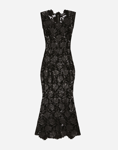 Shop Dolce & Gabbana Faux Leather Macramé Calf-length Dress In Black