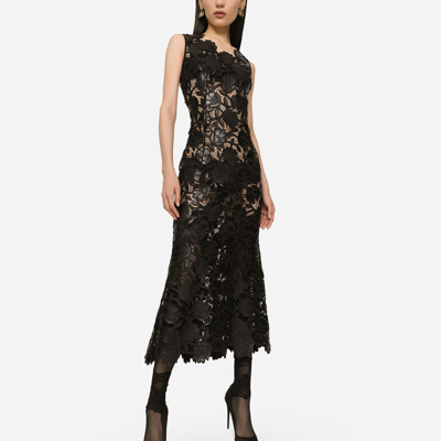 Shop Dolce & Gabbana Faux Leather Macramé Calf-length Dress In Black