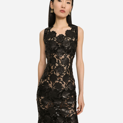 Shop Dolce & Gabbana Faux Leather Macramé Calf-length Dress In Black