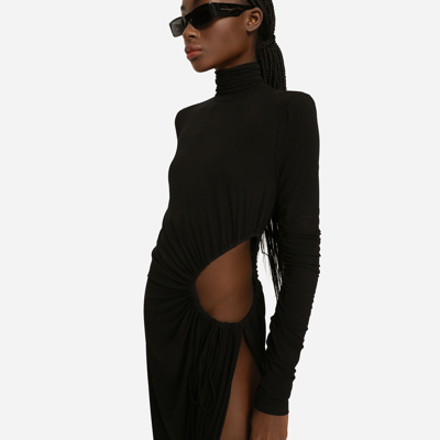 Dolce & Gabbana High-necked Jersey Calf-length Dress With Cut-out In Black
