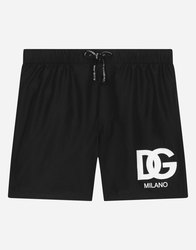 Dolce & Gabbana Nylon Swim Trunks With Logo Print In Black