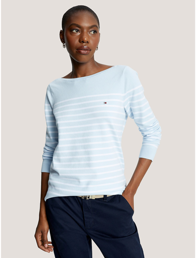 Shop Tommy Hilfiger Stripe Boatneck Sweater In Breezy Blue Multi