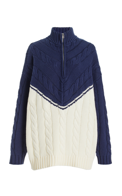 Shop Staud Hampton Oversized Cotton-blend Cable-knit Sweater In Navy