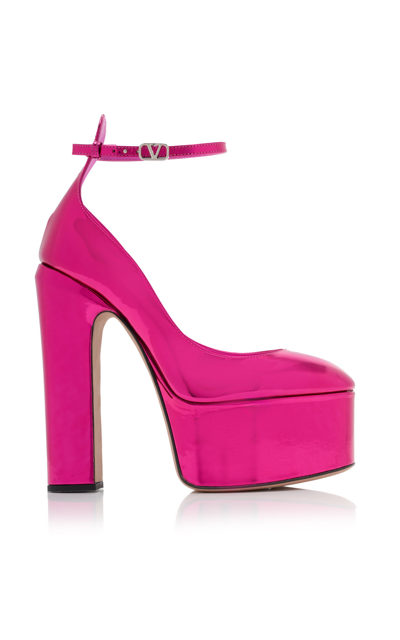 Shop Valentino Tan-go Metallic-leather Platform Pumps In Pink