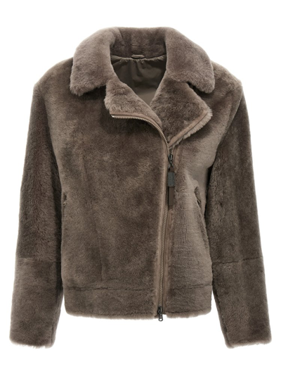 Shop Brunello Cucinelli Fur Zipped Jacket In Grey