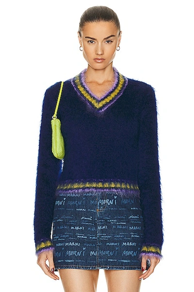 Shop Marni V-neck Long Sleeve Sweater In Royal