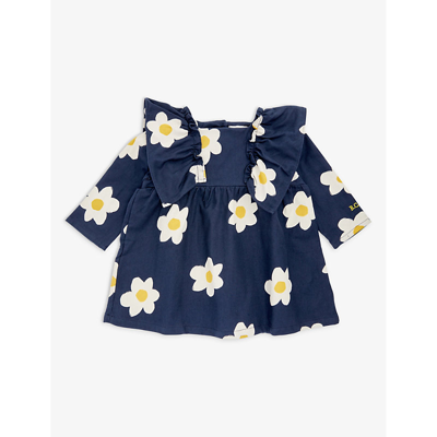 Shop Bobo Choses Midnight Blue Flower-print Ruffled-shoulder Cotton-twill Dress 6-24 Months