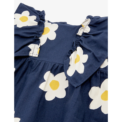 Shop Bobo Choses Midnight Blue Flower-print Ruffled-shoulder Cotton-twill Dress 6-24 Months