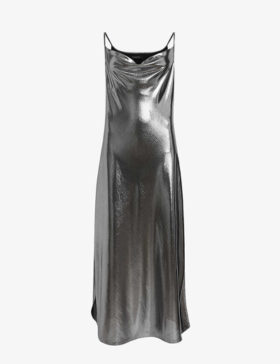 Shop Allsaints Women's Silver Hadley Metallic Recycled-polyester Midi Slip Dress