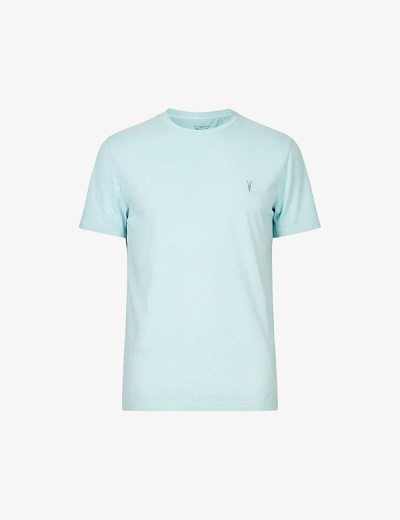 Shop Allsaints Mens Cyan Blue Ossage Brand-embroidered Organic-cotton T-shirt