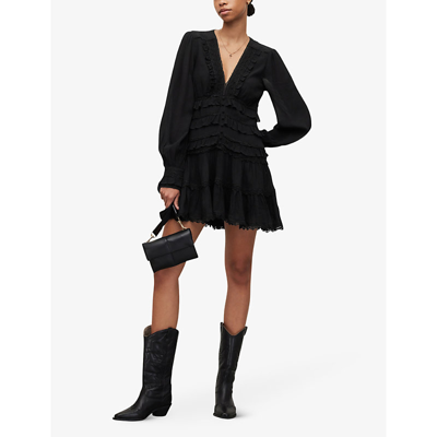 Shop Allsaints Women's Black Zora Ruffled Woven Mini Dress