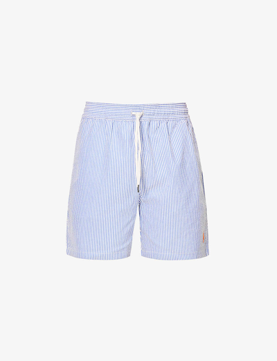 Shop Polo Ralph Lauren Men's Cruise Royal Seersucker Striped Mid-rise Cotton-blend Swim Shorts In Blue
