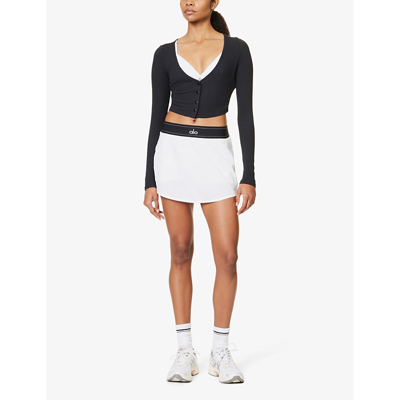 Shop Alo Yoga Women's White Match Point Logo-waistband Stretch-woven Mini Skirt