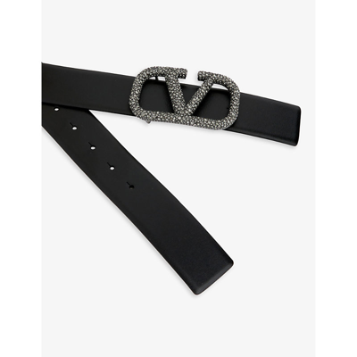 Shop Valentino Garavani Women's Nero/black Diamond V-logo Rhinestone-embellished Leather Belt