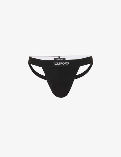 Shop Tom Ford Mens Black Logo-waistband Stretch-cotton Jock Strap