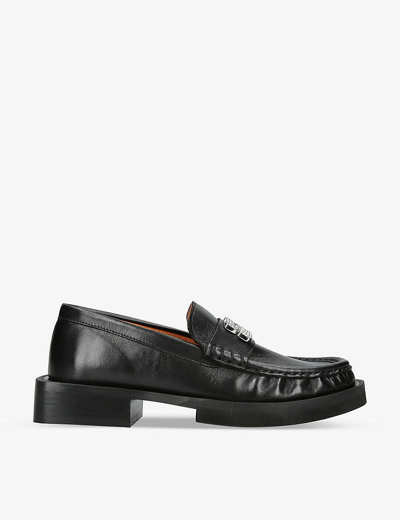 Shop Ganni Womens Black Rhinestone-embellished Block-heel Leather Loafers