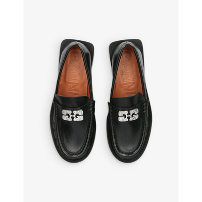 Shop Ganni Women's Black Rhinestone-embellished Block-heel Leather Loafers