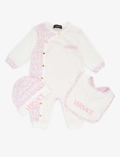 Shop Versace White+pink Logo-print Three-piece Stretch-cotton Set 0-6 Months