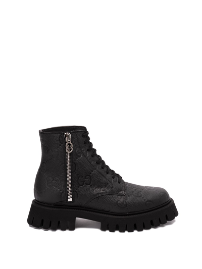 Shop Gucci `gg` Leather Boots In Black  