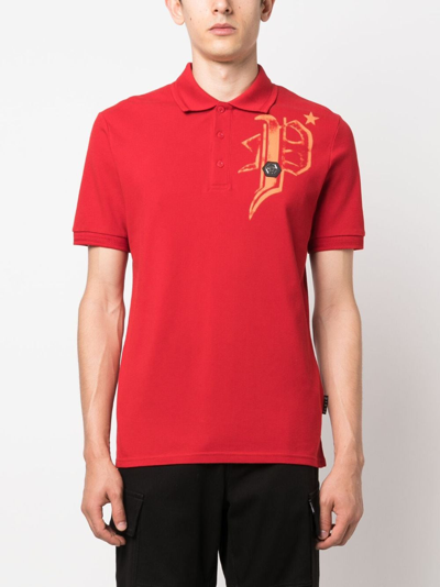 Shop Philipp Plein Skull & Bones Jersey Polo Shirt In Red
