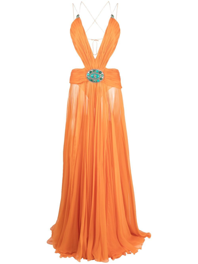Shop Roberto Cavalli Pleated Silk V-neck Gown In Orange