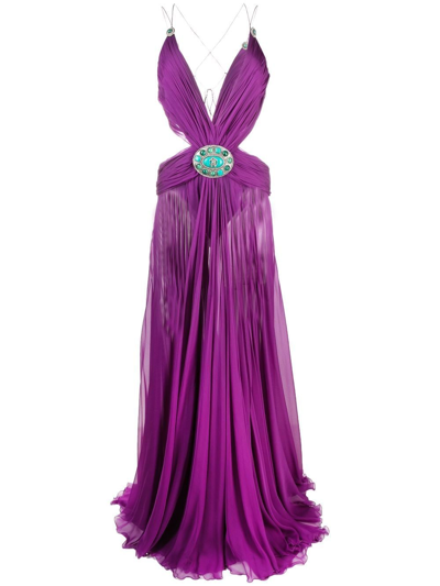 Shop Roberto Cavalli Pleated Silk V-neck Gown In Purple