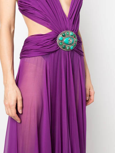 Shop Roberto Cavalli Pleated Silk V-neck Gown In Purple
