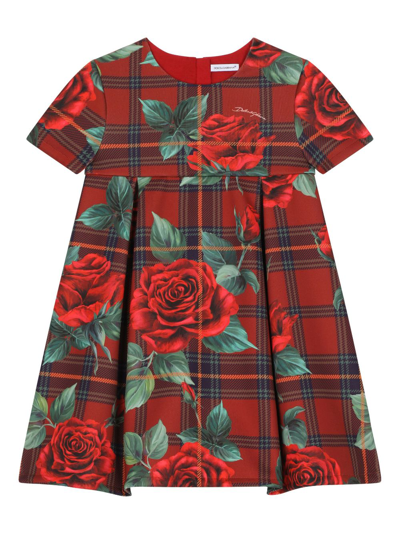 Shop Dolce & Gabbana Rose Tartan Print Dress In Red