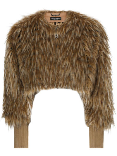 Shop Dolce & Gabbana Faux-fur Cropped Jacket In Brown