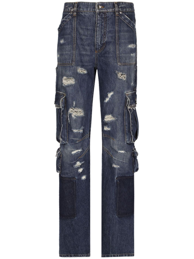 Shop Dolce & Gabbana Distressed-finish Straigh-leg Cargo Jeans In Blue
