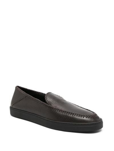 Shop Giorgio Armani Whipstitch-detail Leather Loafers In Brown