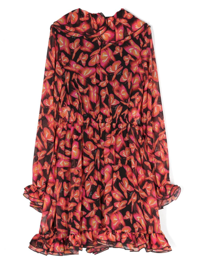Shop Msgm Butterfly-print Ruffled Organza Dress In Red
