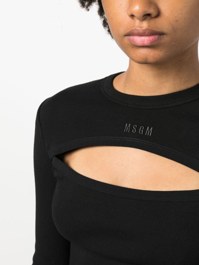 Shop Msgm Logo-embroidered Ribbed-knit Top In Black