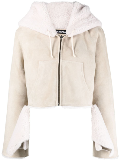 Shop Andreädamo Shearling Cropped Hooded Jacket In Neutrals