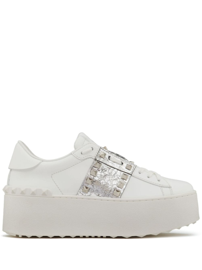 Shop Valentino Rockstud Untitled Metallic Flatform Sneakers In White