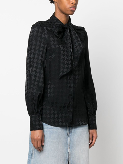 Shop Msgm Houndstooth-pattern Tie-neck Shirt In Black
