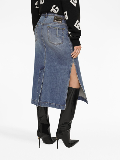 Shop Dolce & Gabbana Logo-plaque Midi Denim Skirt In Blue