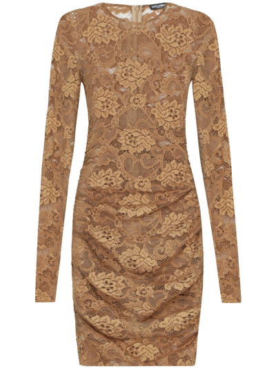 Shop Dolce & Gabbana Floral-lace Semi-sheer Minidress In Brown