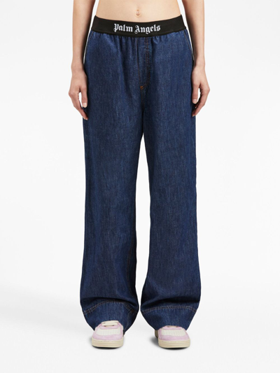 Palm Angels Logo-waistband Wide-leg Jeans In Blue