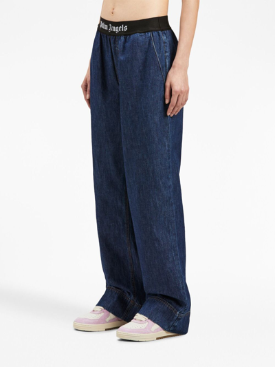 Palm Angels Logo-waistband Wide-leg Jeans In Blue