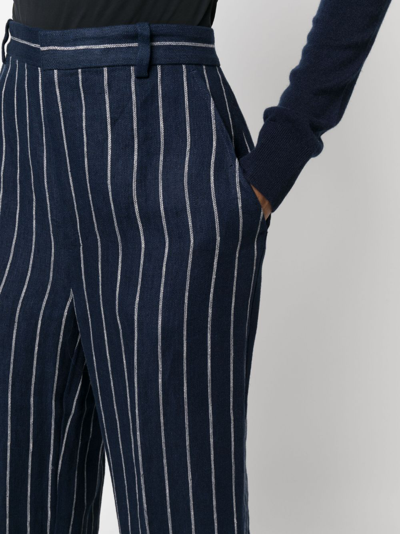 Shop Polo Ralph Lauren Pinstriped Wide-leg Linen Trousers In Blue