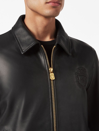 Shop Billionaire Crest-embossed Leather Bomber Jacket In Black