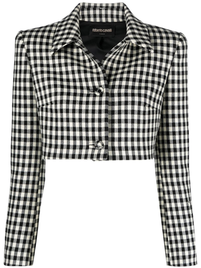 Shop Roberto Cavalli Cropped Gingham-check Jacket In Black