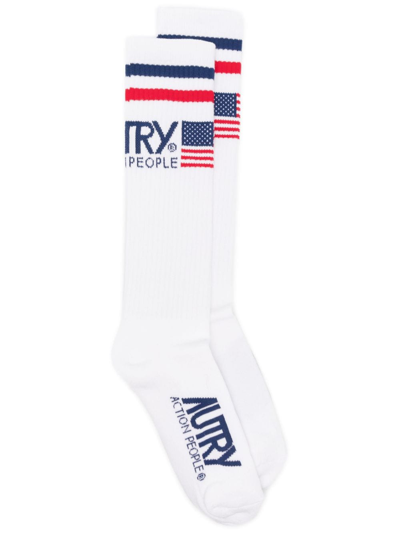 Shop Autry Intarsia-knit Ribbed Socks In White