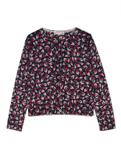 Shop Bonpoint Cherry-print Merino Cardigan In Blue